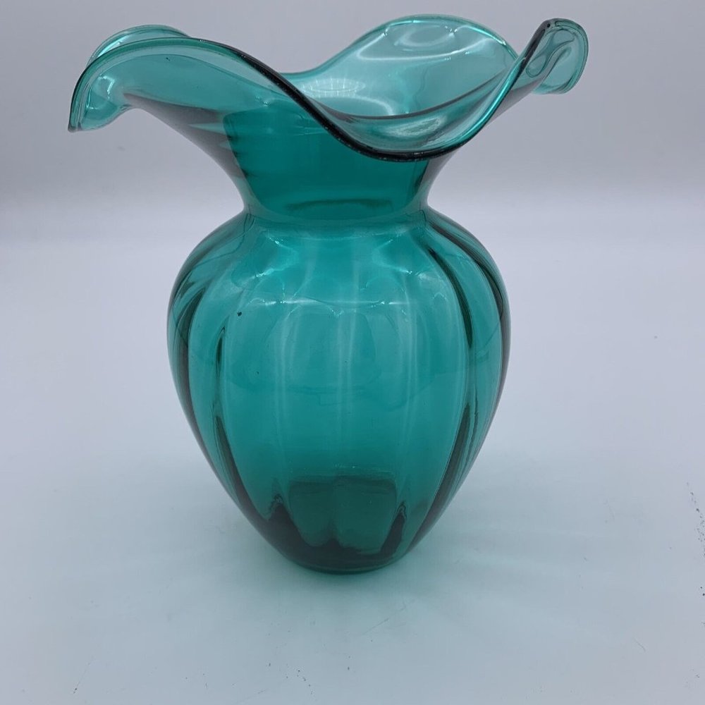 Vintage Hand Blown Ribbed glass. Teal Blue Sack Vase
